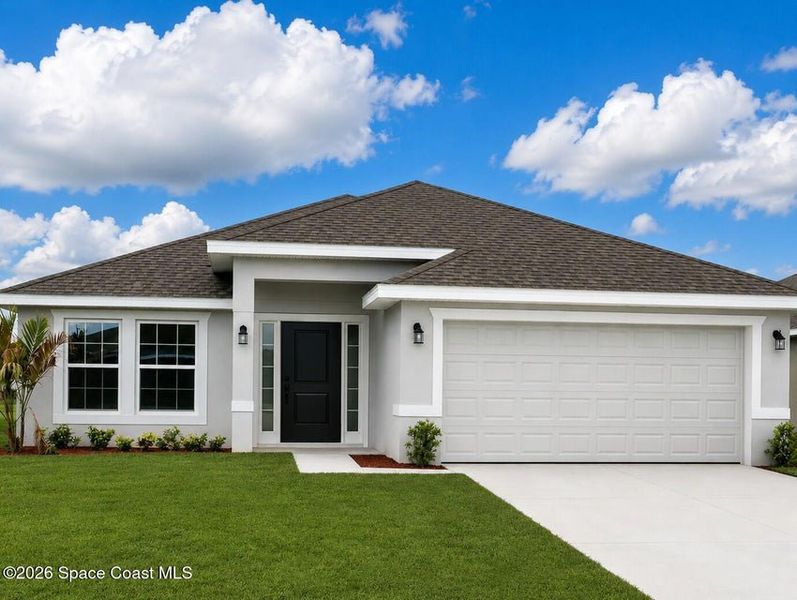 Front exterior of a new home in St. John's Preserve, Palm Bay, FL, highlighting curb appeal (Image 1). Front exterior of a new home in St. John's Preserve, Palm Bay, FL, highlighting curb appeal (Image 1).