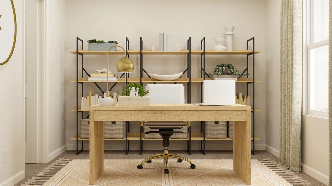 A table with a stool and shelves.