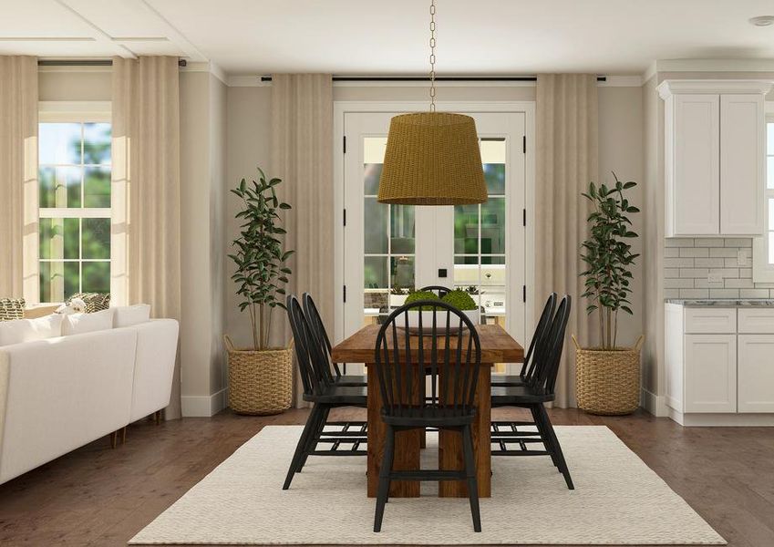 Rendering of dining room with a large
  wooden table and 6 dark chairs.Â Â