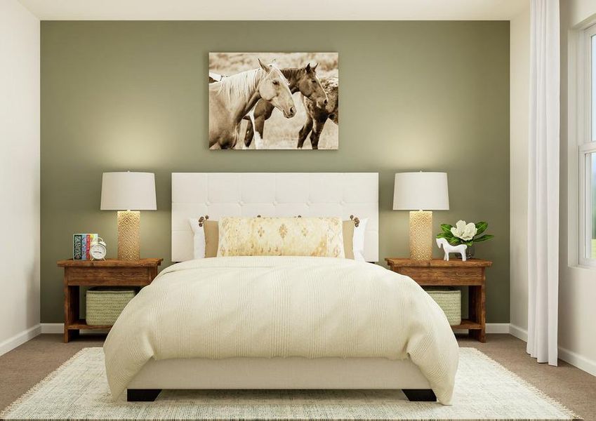 Rendering of a bedroom with a large bed
  centered between two nightstands. A photo of horses hangs above the bed and a
  window is to the right.