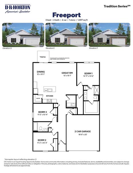 2D floor plan layout for the Freeport by D.R. Horton in Honeycutt Oaks, Angier, NC (Image 3).