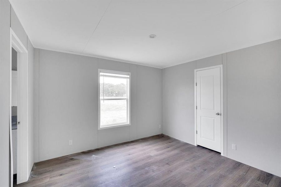 Neutral gray walls with white trim and wood-finish flooring