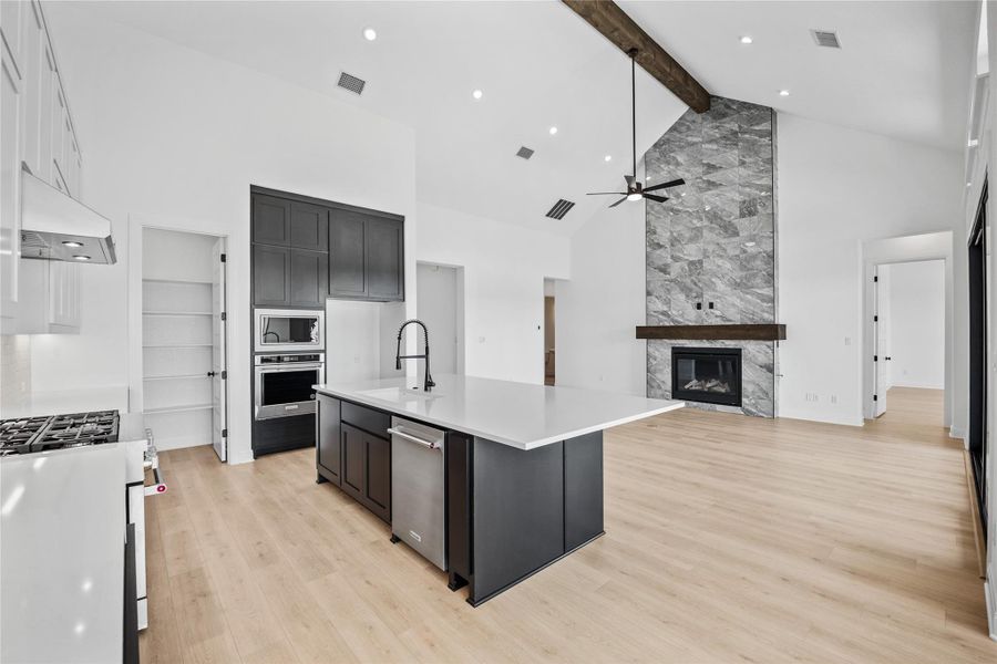 Kitchen with a fireplace, an island with sink, stainless steel appliances, light wood-style floors, and open floor plan