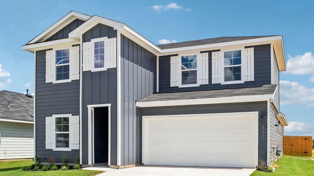 Front exterior of a new home in Valverde, Bastrop, TX, highlighting curb appeal (Image 19).
