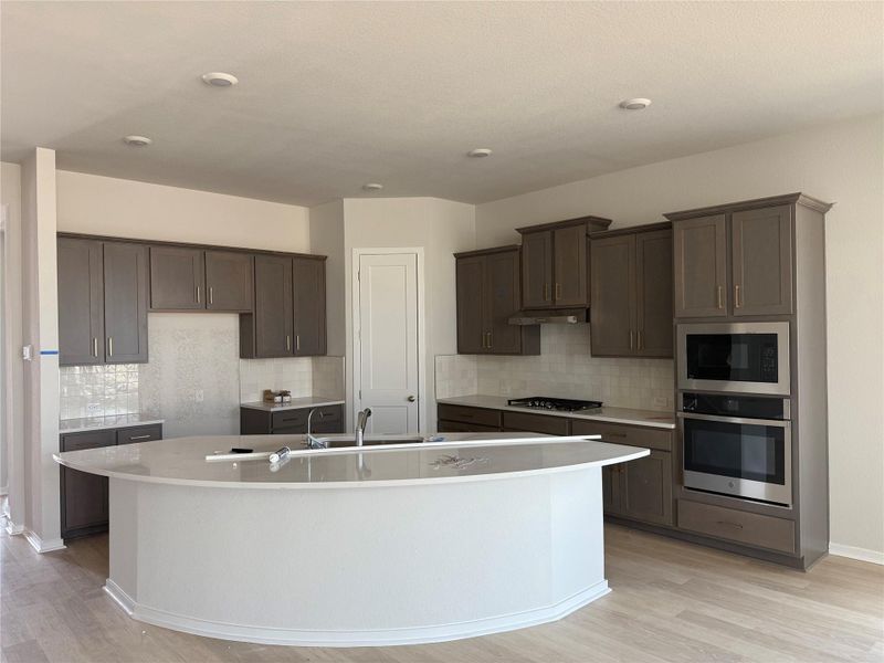 Kitchen featuring stainless steel appliances, dark brown cabinets, light wood-type flooring, and backsplash Kitchen featuring stainless steel appliances, dark brown cabinets, light wood-type flooring, and backsplash