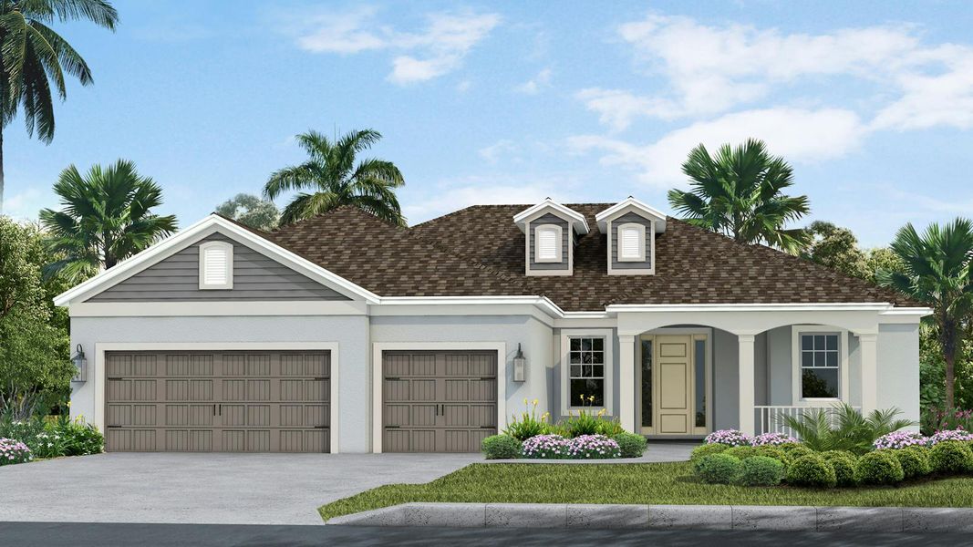 Front exterior of a new home in Canoe Creek Real Estate and Homes for Sale in Parrish, FL - Neal Communities, Parrish, FL, highlighting curb appeal (Image 1). Front exterior of a new home in Canoe Creek Real Estate and Homes for Sale in Parrish, FL - Neal Communities, Parrish, FL, highlighting curb appeal (Image 1).