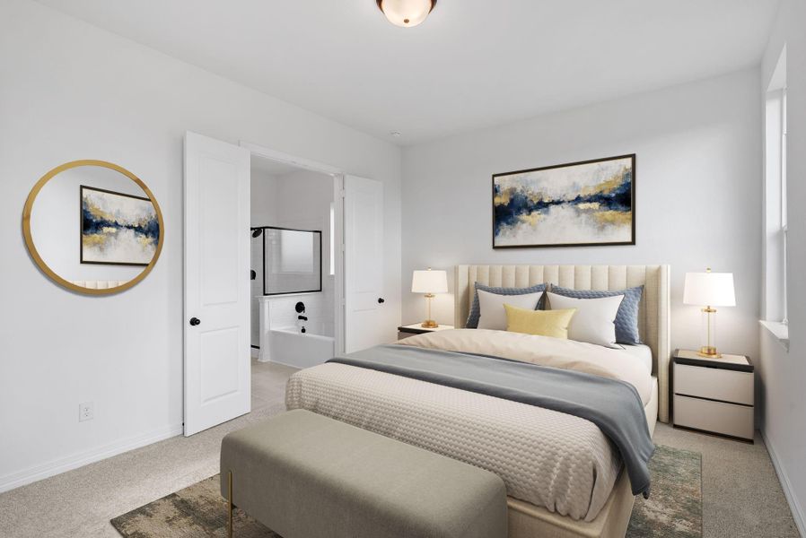 Serene primary suite featuring large windows, a luxurious en suite, and a quiet, private location.