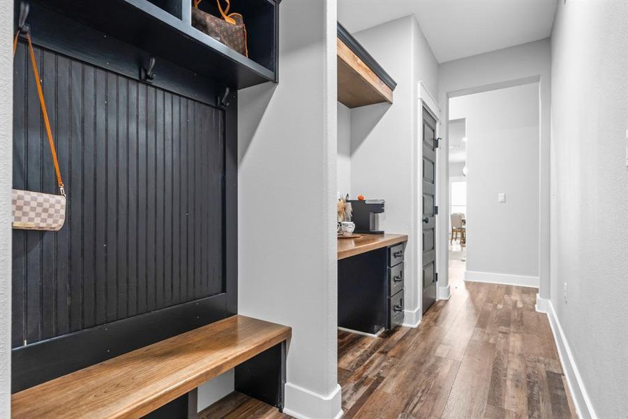 Hall Connecting to Garage with Built in Desk and Storage