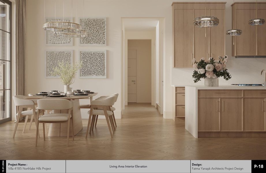 Dining room with a chandelier and parquet floors