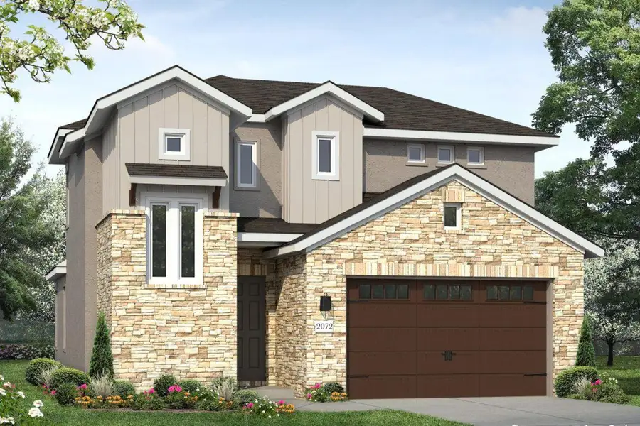 Front exterior of a new home in Cross Creek, Cedar Park, TX, highlighting curb appeal (Image 1). Front exterior of a new home in Cross Creek, Cedar Park, TX, highlighting curb appeal (Image 1).