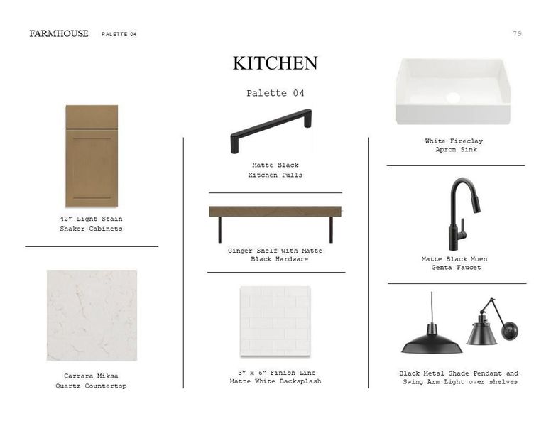 Farmhouse Look Palette 4: Kitchen Selection Sheet (*Artist rendering used for illustration purposes only.)