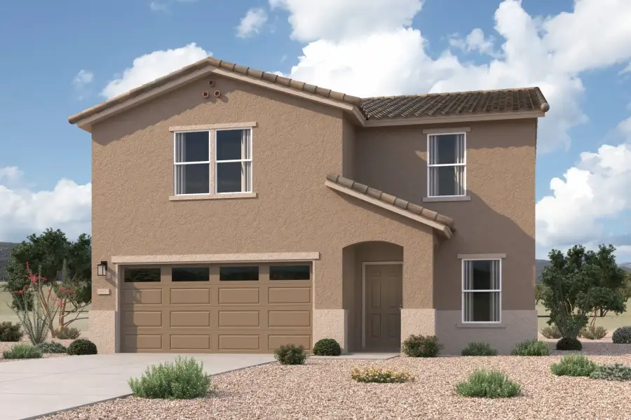 Representative exterior photo of a completed home built from the Stetson by Century Complete in Rincon Grove at Rocking K, Vail, AZ (Image 1). Representative exterior photo of a completed home built from the Stetson by Century Complete in Rincon Grove at Rocking K, Vail, AZ (Image 1).