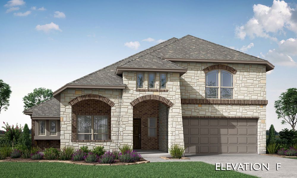 Two-story home with stone and brick exterior, arched entryway, and two-car garage, Elevation F
