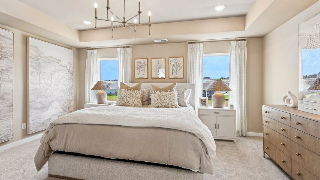 Primary suite with tray ceiling, windows, and carpet Primary suite with tray ceiling, windows, and carpet