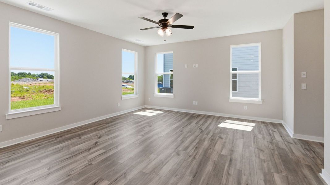 Gathering room with ceiling fan