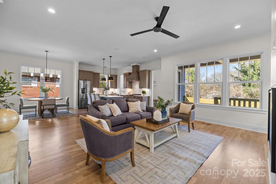 Family room, kitchen, dining area