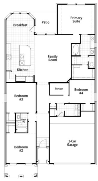 2D floor plan layout for the Amberley Plan by Highland Homes in Riceland: 50ft. lots, Mont Belvieu, TX (Image 1).