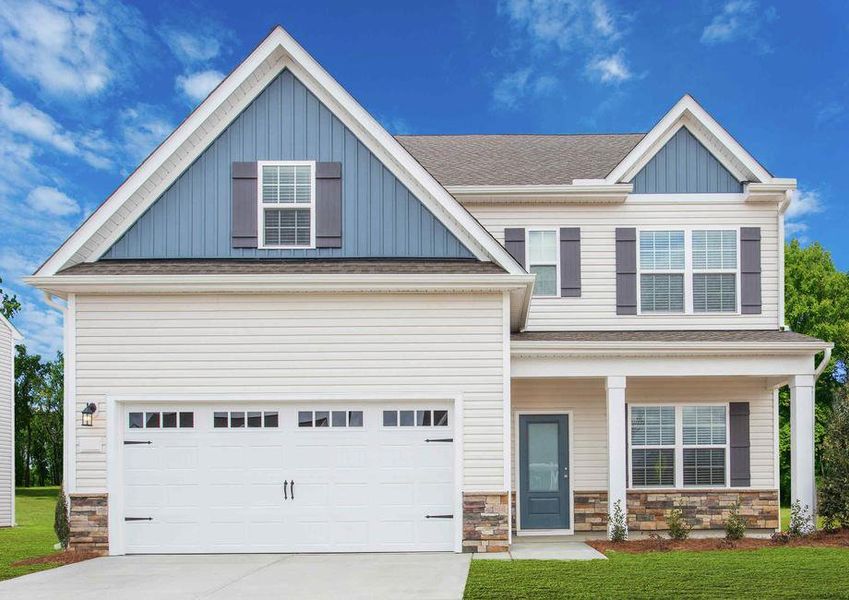 Hartford elevation with stone façade, dual-car garage, and two stories