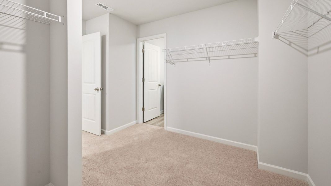 Primary closet with carpet and ventilated shelves Primary closet with carpet and ventilated shelves
