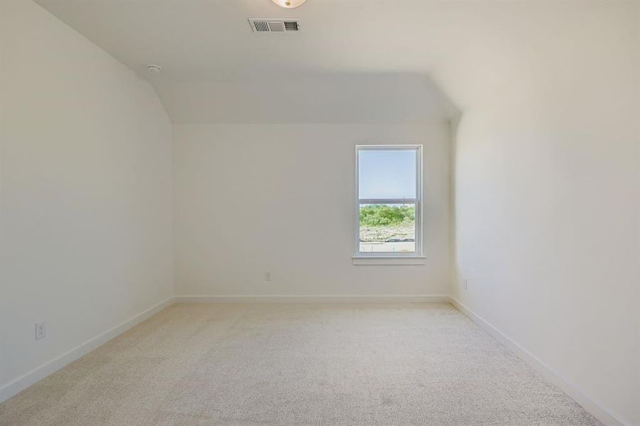 Unfurnished room featuring light colored carpet and lofted ceiling Unfurnished room featuring light colored carpet and lofted ceiling