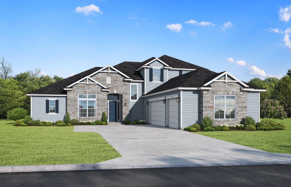 Representative exterior photo of a completed home built from the Kingsbury by SEDA New Homes in Edwards Creek Estates, Jacksonville, FL (Image 1). Representative exterior photo of a completed home built from the Kingsbury by SEDA New Homes in Edwards Creek Estates, Jacksonville, FL (Image 1).