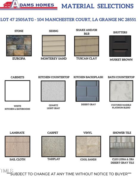 LOT 47 MATERIALS SELECTIONS
