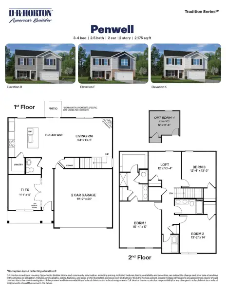 2D floor plan layout for the Penwell by D.R. Horton in Copper Run South Single Family, Durham, NC (Image 3).