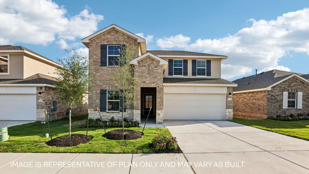 Front exterior of a new home in Bar W Ranch, Leander, TX, highlighting curb appeal (Image 19). Front exterior of a new home in Bar W Ranch, Leander, TX, highlighting curb appeal (Image 19).