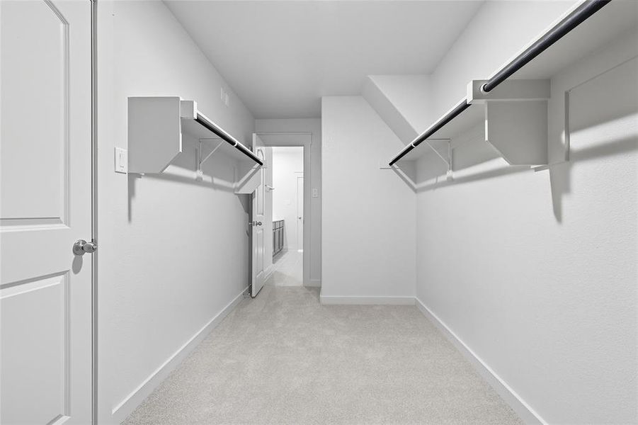 Walk in closet featuring light carpet Walk in closet featuring light carpet
