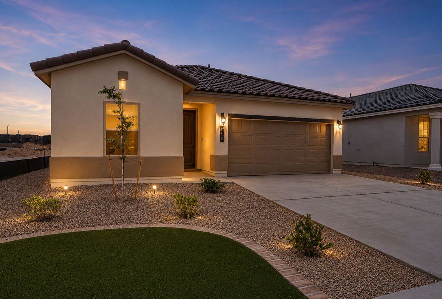 Front exterior of a new home in Paseos Del Este, Horizon City, TX, highlighting curb appeal (Image 24).