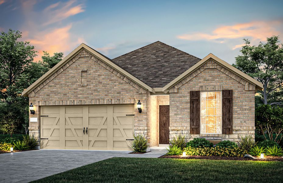 The Fox Hollow, a one-story home with 2-car garage, shown as Home Exterior B The Fox Hollow, a one-story home with 2-car garage, shown as Home Exterior B