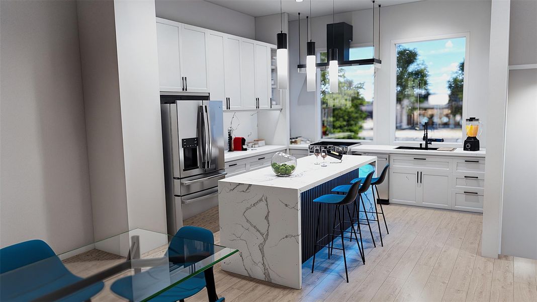 Beautiful kitchen features sleek white cabinetry, a spacious Quartz island with seating, stainless steel appliances, and large windows for natural light. The open layout and contemporary lighting create an inviting space for cooking and entertaining.