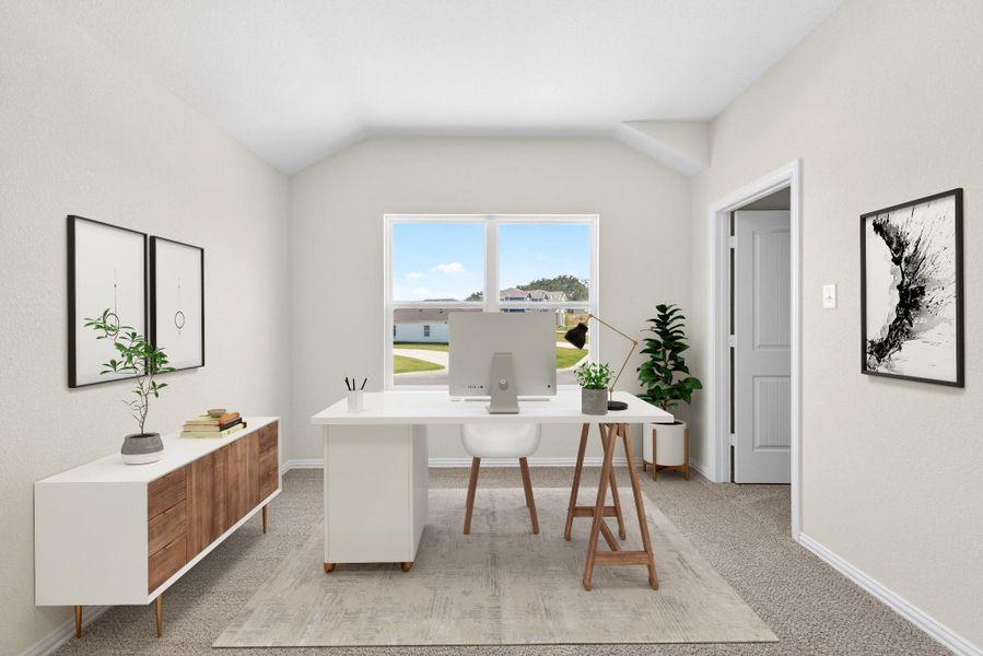 A tranquil dedicated workspace is illuminated by natural light from a large window.