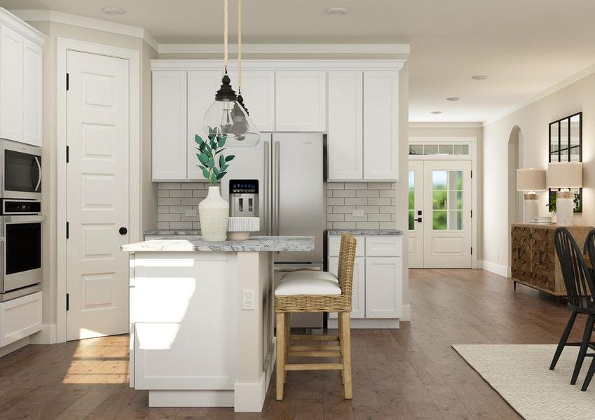 Rendering of kitchen with white cabinetry
  and stainless-steel appliances. The dinning room table can be seen next to
  the kitchenÂ