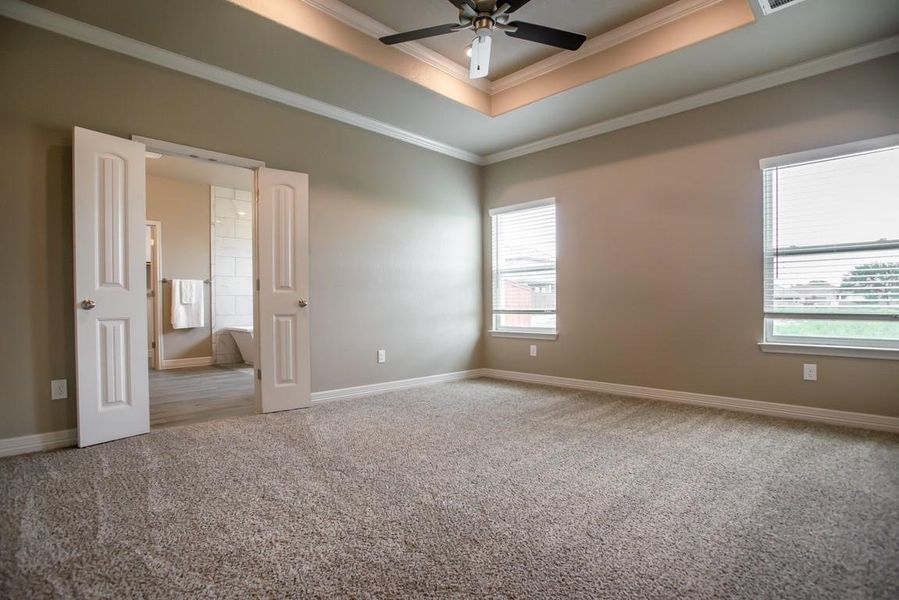 Spare room featuring crown molding, a tray ceiling, carpet flooring, plenty of natural light, and a ceiling fan Spare room featuring crown molding, a tray ceiling, carpet flooring, plenty of natural light, and a ceiling fan
