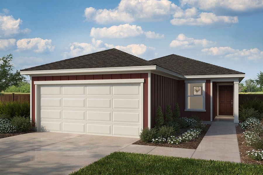 Representative exterior photo of a completed home built from the 1605 by KB Home in Madera Trails, New Caney, TX (Image 6). Representative exterior photo of a completed home built from the 1605 by KB Home in Madera Trails, New Caney, TX (Image 6).