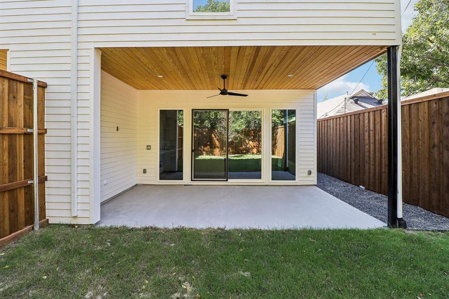 View of patio with ceiling fan