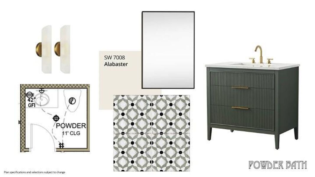 Powder bath features imported Italian tile floor, floating vanity and elegant sconces.