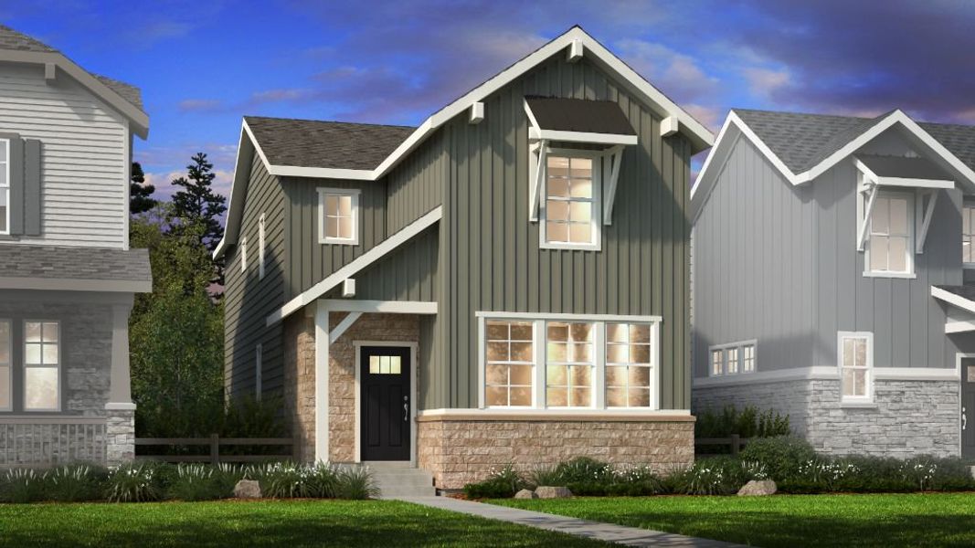 Front exterior of a new home in The Aurora Highlands, Aurora, CO, highlighting curb appeal (Image 15).