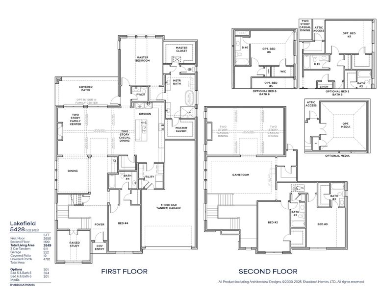 2D floor plan layout for the Lakefield - 5428 by Shaddock Homes in Quail Hollow, Rockwall, TX (Image 3).