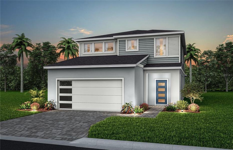 Front exterior of a new home in Windsor Cay Resort, Clermont, FL, highlighting curb appeal (Image 1).