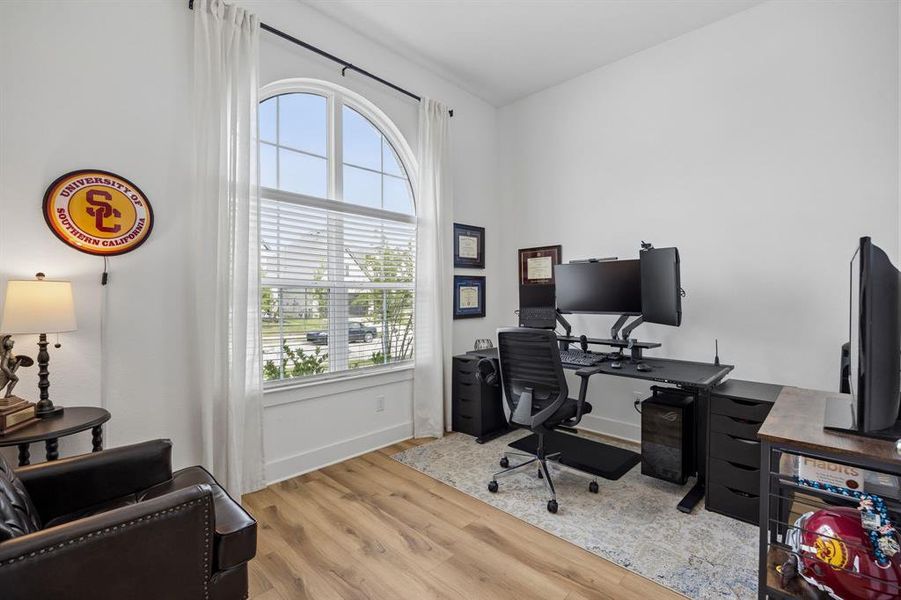 Arched window featuring horizontal blinds and white curtains, wood-finish flooring, and white painted walls