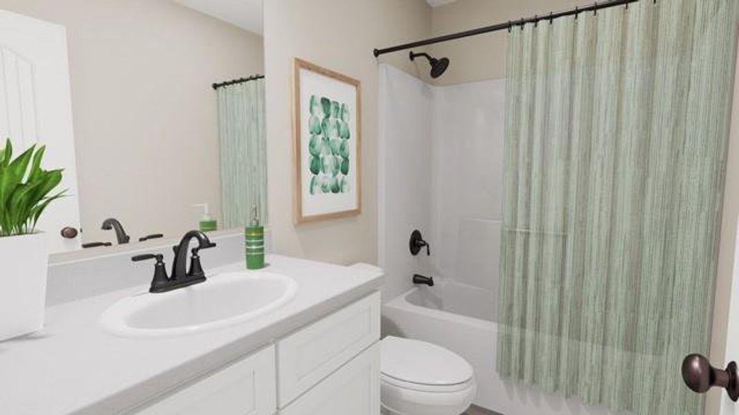 Full bathroom with vanity and shower / bathtub combination with curtain