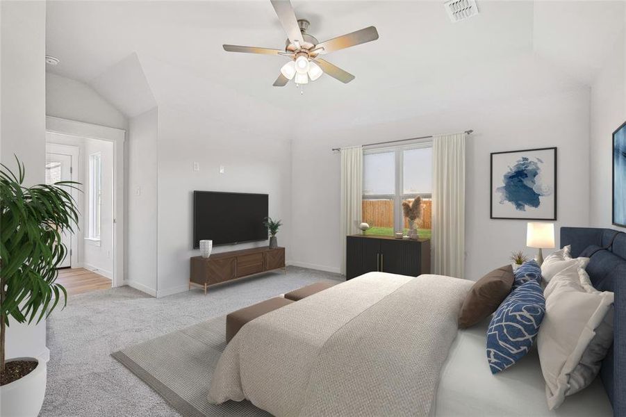 Bedroom featuring ceiling fan, light carpet, and lofted ceiling