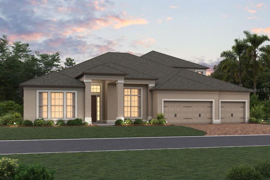 Front exterior of a new home in Hawk's Overlook, Oviedo, FL, highlighting curb appeal (Image 1).