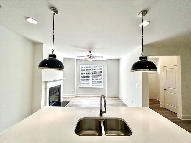 Kitchen with dark hardwood / wood-style floors, ceiling fan, hanging light fixtures, and sink