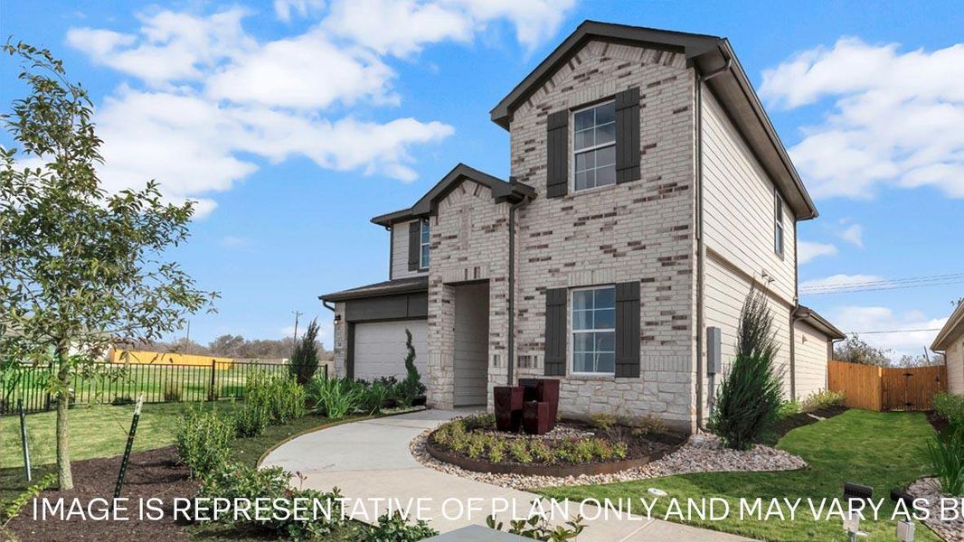 Front exterior of a new home in Prairie Lakes, Buda, TX, highlighting curb appeal (Image 23).