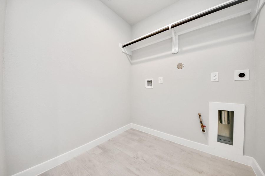 A perfect blend of functionality and comfort. Capture the essence of easy living with a first-floor laundry room, thoughtfully equipped with shelving for effortless organization. Both electric and gas connections available.