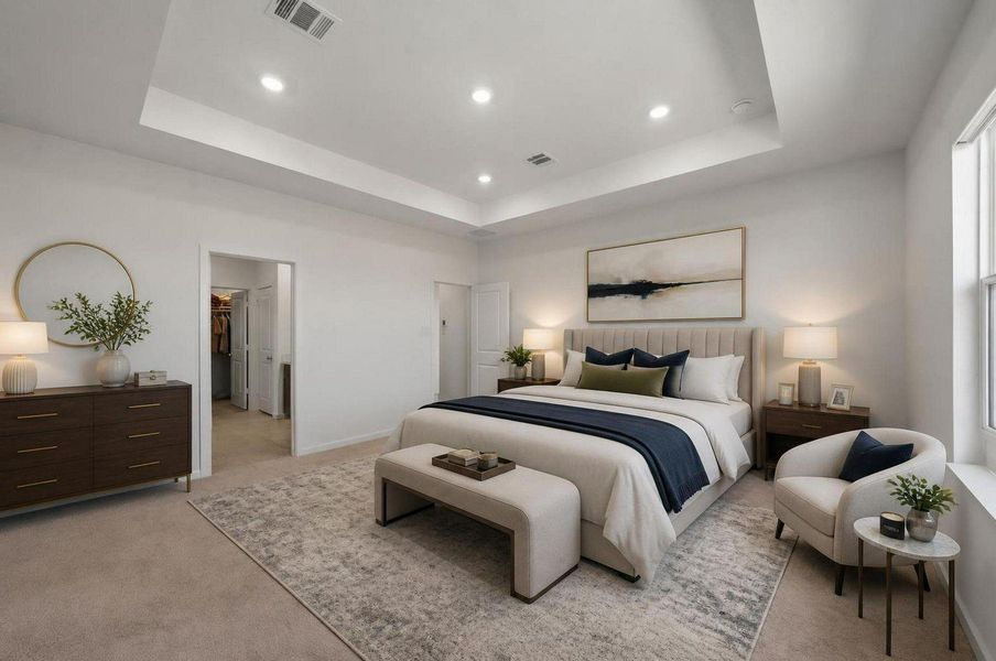 The first-floor primary bedroom offers a private retreat with elevated ceilings, soft natural light, and room for a full bedroom setup. The ensuite bath and walk-in closet complete the suite’s layout. Virtually staged. The first-floor primary bedroom offers a private retreat with elevated ceilings, soft natural light, and room for a full bedroom setup. The ensuite bath and walk-in closet complete the suite’s layout. Virtually staged.