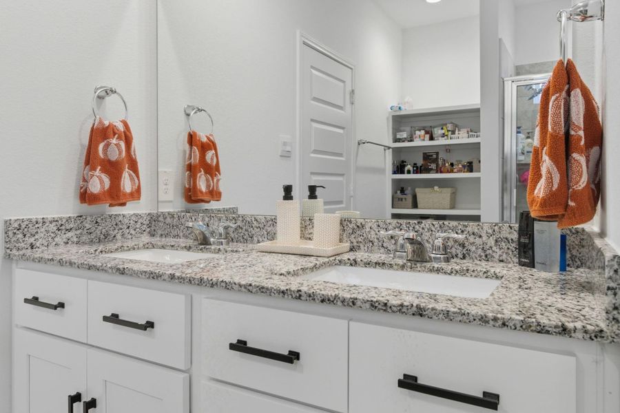 Luxurious ensuite with dual granite vanities, massive walk-in shower, and a large closet. Luxurious ensuite with dual granite vanities, massive walk-in shower, and a large closet.